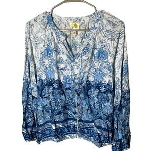 Anthro Fig & Flower Floral Paisley Blouse Medium Blue